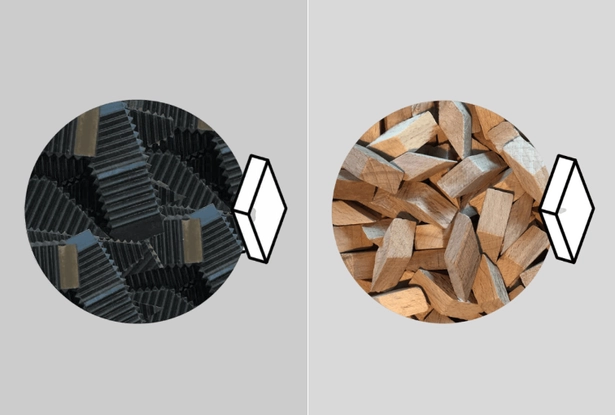 Plastic and wood media for dry tumbling